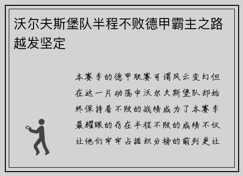 沃尔夫斯堡队半程不败德甲霸主之路越发坚定