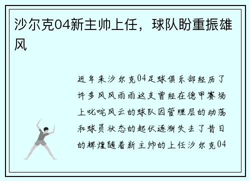 沙尔克04新主帅上任，球队盼重振雄风